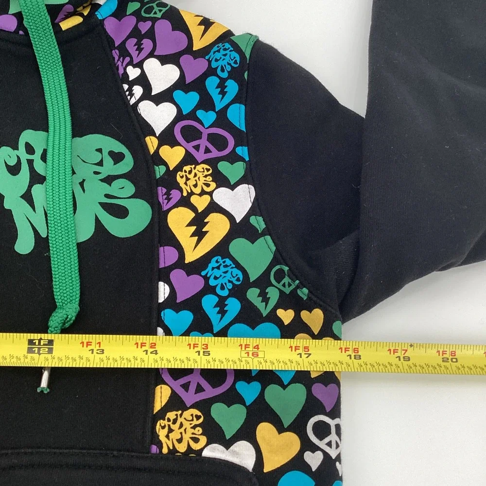 Akumu Ink Womens Black Heart Peace Print Zip Up Hoodie Velvet Lined Hood Large